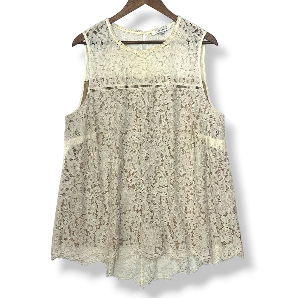 Rose + Olive Lace Tank Top 1X Ivory High-Low Lined Coquette Grandmacore Ethereal